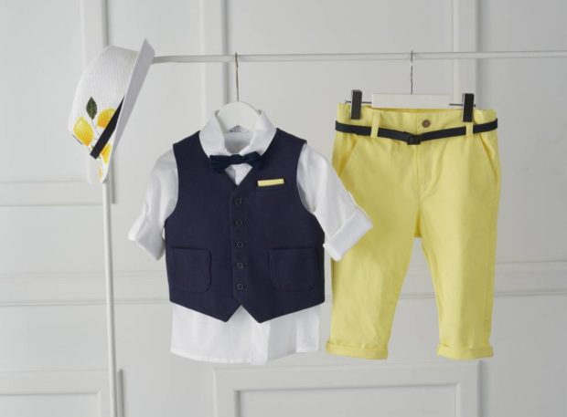 Σετ βάπτισης με κίτρινο παντελόνι Βαπτιστικό Ρούχο Για Αγόρι και καπέλο με σχέδιο λεμονιά